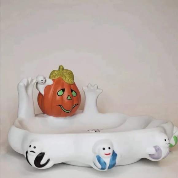 Vintage Halloween Candy Dish, Ceramic Jack O Lantern Ghost Tray - Picture 1 of 6